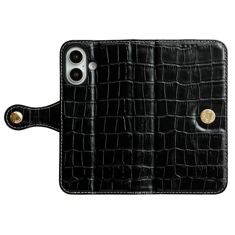 Funda para iPhone 16 con textura de cocodrilo, auténtica piel de vaca, cartera, funda para teléfono - Negro