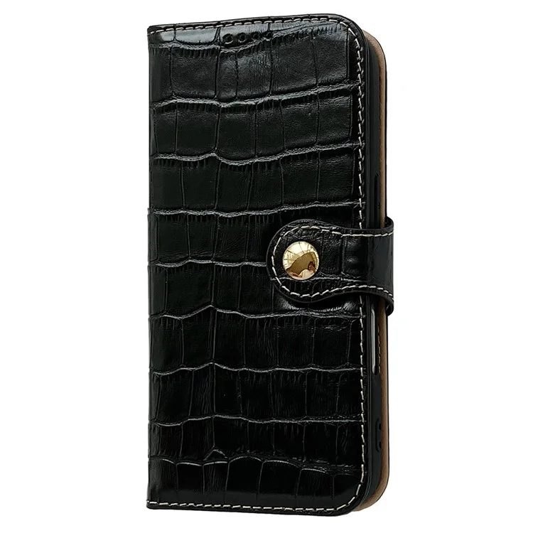 Funda para iPhone 16 con textura de cocodrilo, auténtica piel de vaca, cartera, funda para teléfono - Negro