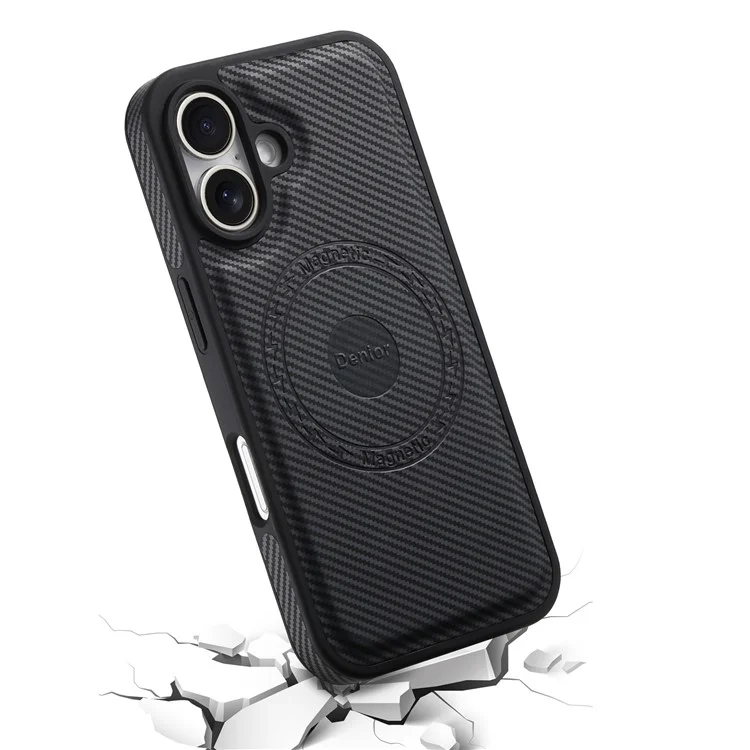 DENIOR For iPhone 16 Plus Case Compatible with MagSafe Carbon Fiber Texture Leather Back Cover - Black