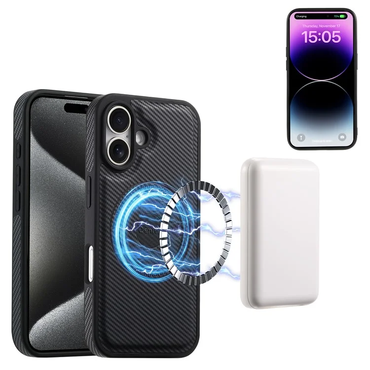 DENIOR For iPhone 16 Plus Case Compatible with MagSafe Carbon Fiber Texture Leather Back Cover - Black