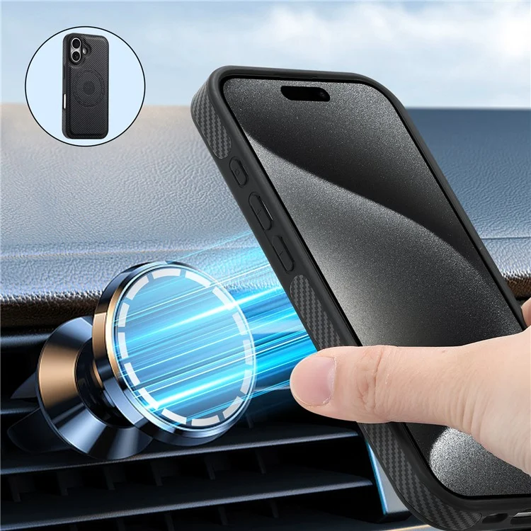 DENIOR For iPhone 16 Plus Case Compatible with MagSafe Carbon Fiber Texture Leather Back Cover - Black