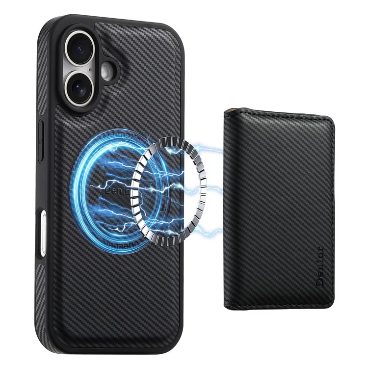DENIOR For iPhone 16 Plus Magnetic Case Carbon Fiber Texture Leather Back Cover with Detachable Card Bag - Black