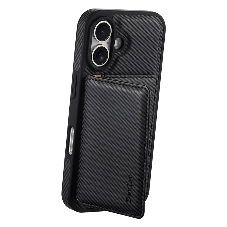 DENIOR For iPhone 16 Plus Magnetic Case Carbon Fiber Texture Leather Back Cover with Detachable Card Bag - Black