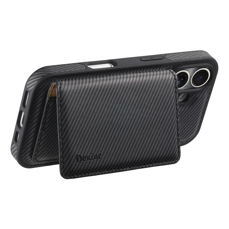 DENIOR For iPhone 16 Plus Magnetic Case Carbon Fiber Texture Leather Back Cover with Detachable Card Bag - Black