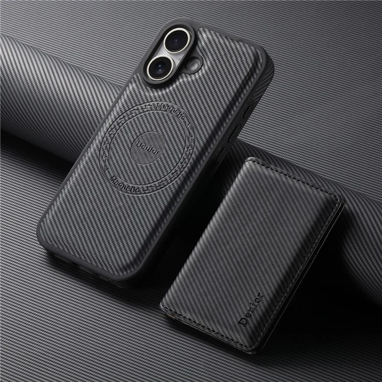 DENIOR For iPhone 16 Plus Magnetic Case Carbon Fiber Texture Leather Back Cover with Detachable Card Bag - Black