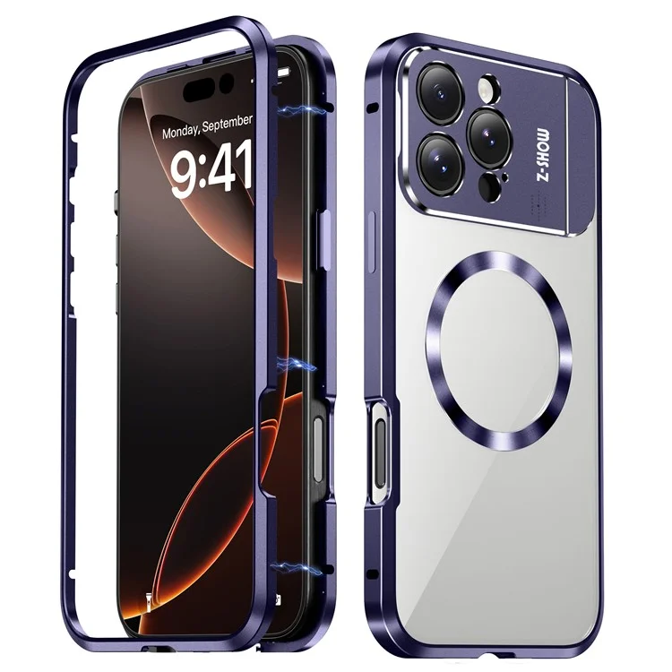 For iPhone 16 Pro Max Magnetic Case Kickstand Alloy+Acrylic Phone Cover with Aromatherapy Tablet - Purple