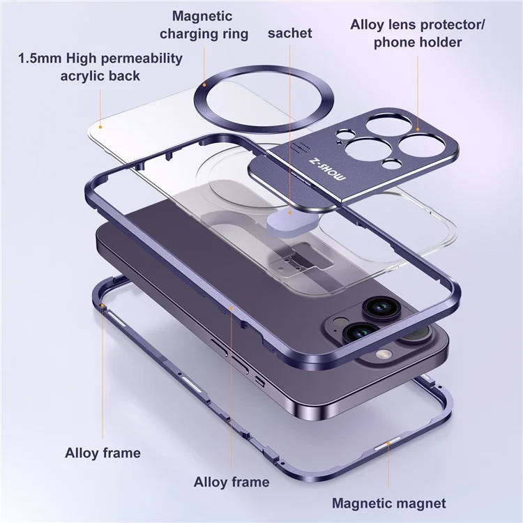 For iPhone 16 Pro Max Magnetic Case Kickstand Alloy+Acrylic Phone Cover with Aromatherapy Tablet - Purple