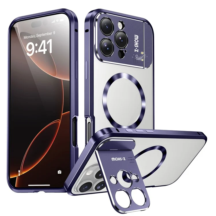For iPhone 16 Pro Max Magnetic Case Kickstand Alloy+Acrylic Phone Cover with Aromatherapy Tablet - Purple