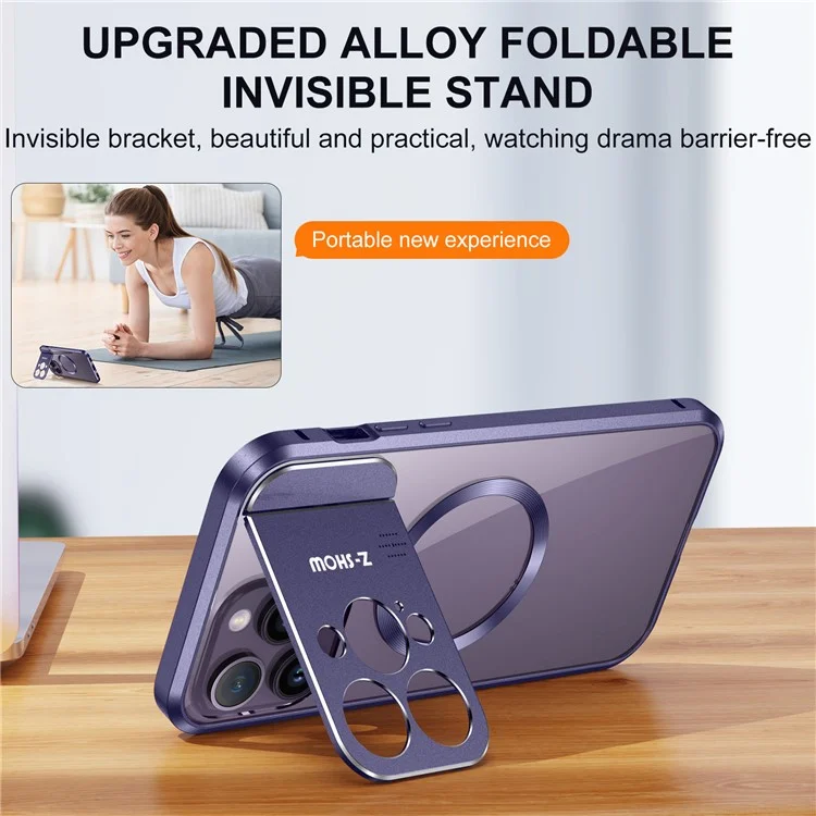 For iPhone 16 Pro Max Magnetic Case Kickstand Alloy+Acrylic Phone Cover with Aromatherapy Tablet - Purple