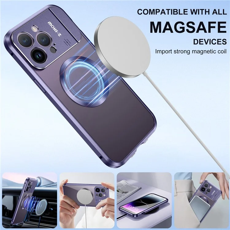 For iPhone 16 Pro Max Magnetic Case Kickstand Alloy+Acrylic Phone Cover with Aromatherapy Tablet - Purple