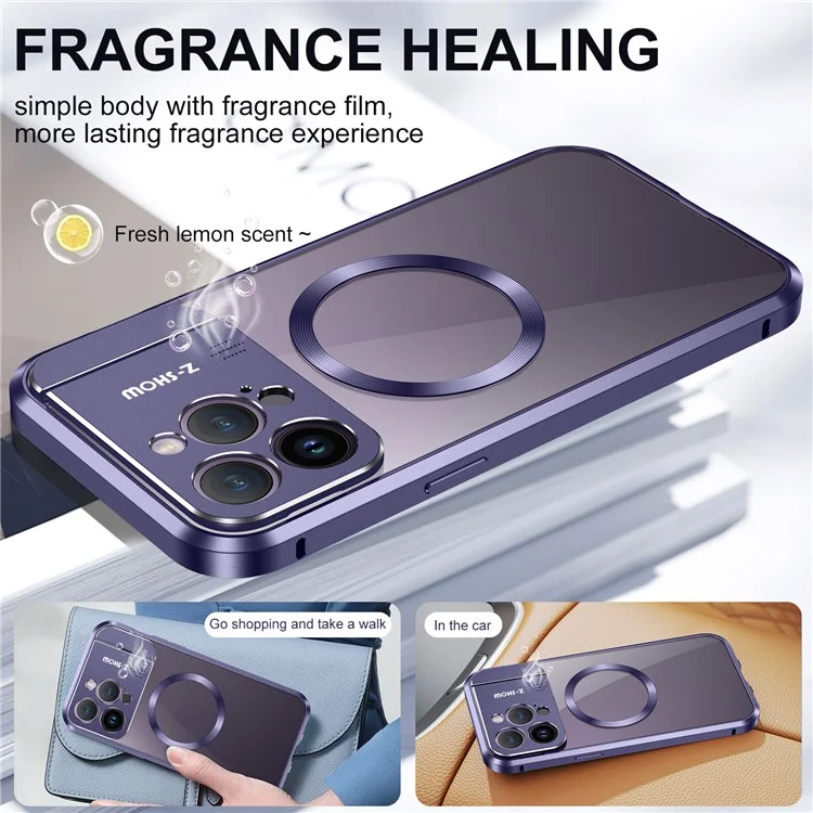 For iPhone 16 Pro Max Magnetic Case Kickstand Alloy+Acrylic Phone Cover with Aromatherapy Tablet - Purple