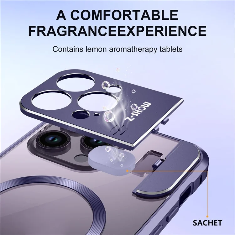 For iPhone 16 Pro Max Magnetic Case Kickstand Alloy+Acrylic Phone Cover with Aromatherapy Tablet - Purple