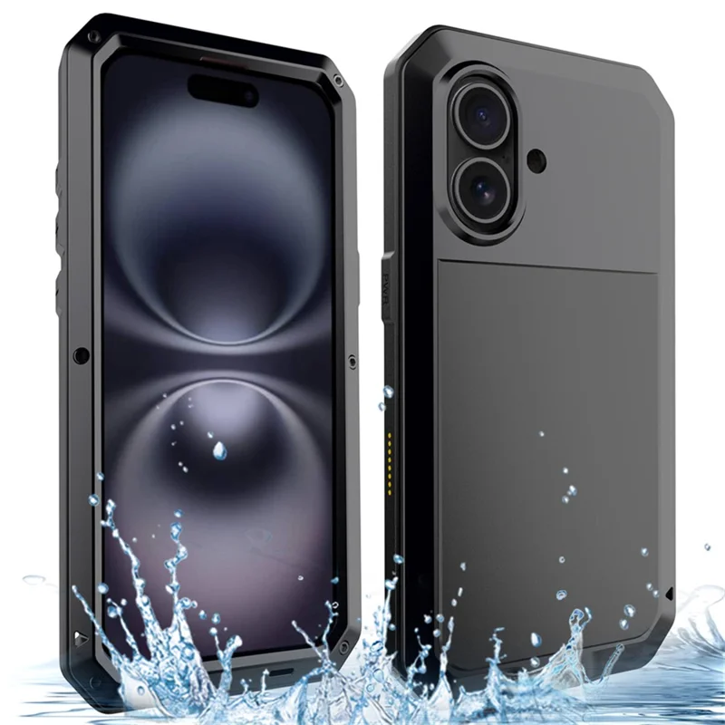 For iPhone 16 Case Silicone+Metal Phone Cover with Tempered Glass Screen Protector - Black
