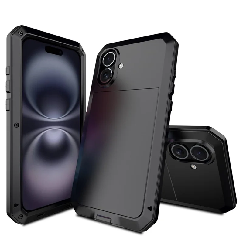 For iPhone 16 Case Silicone+Metal Phone Cover with Tempered Glass Screen Protector - Black