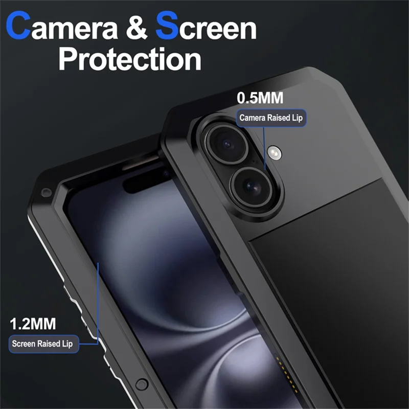 For iPhone 16 Case Silicone+Metal Phone Cover with Tempered Glass Screen Protector - Black