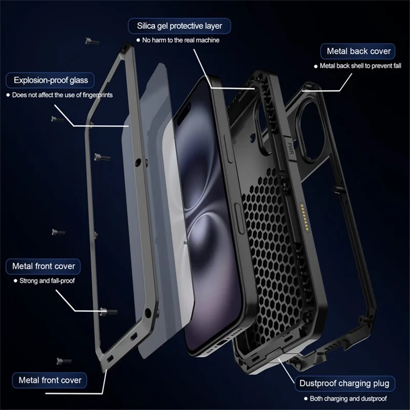 For iPhone 16 Case Silicone+Metal Phone Cover with Tempered Glass Screen Protector - Black