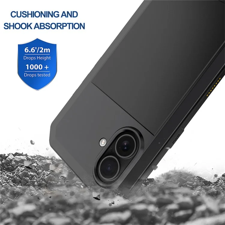 For iPhone 16 Plus Case Silicone+Metal Phone Cover with Tempered Glass Screen Protector - Black