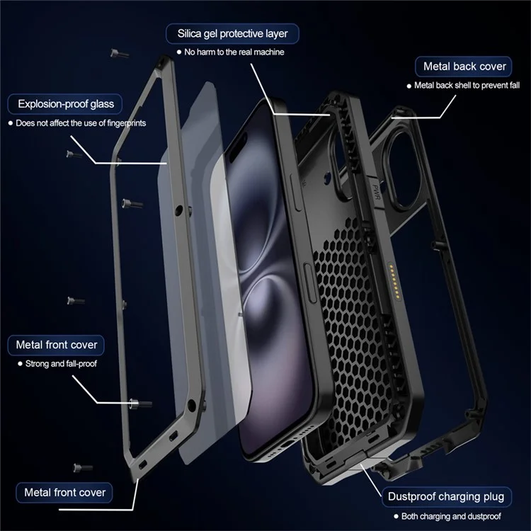 For iPhone 16 Plus Case Silicone+Metal Phone Cover with Tempered Glass Screen Protector - Black