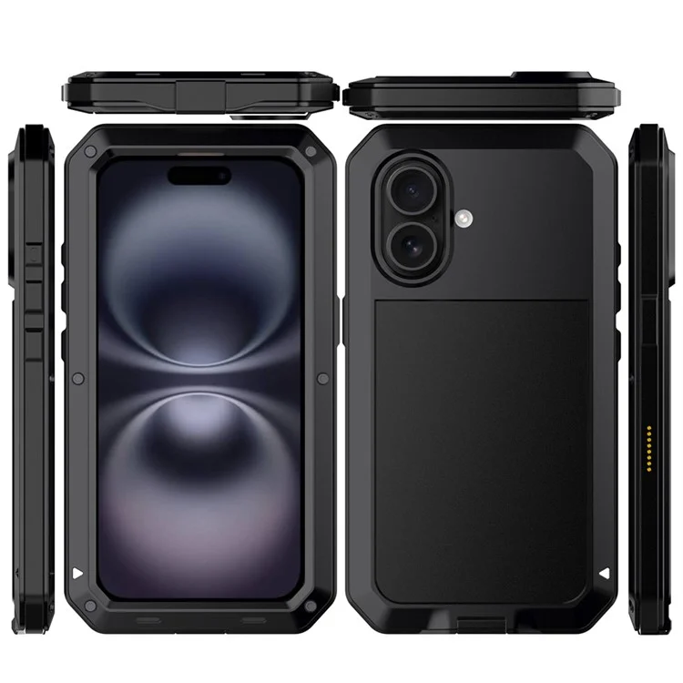 For iPhone 16 Plus Case Silicone+Metal Phone Cover with Tempered Glass Screen Protector - Black