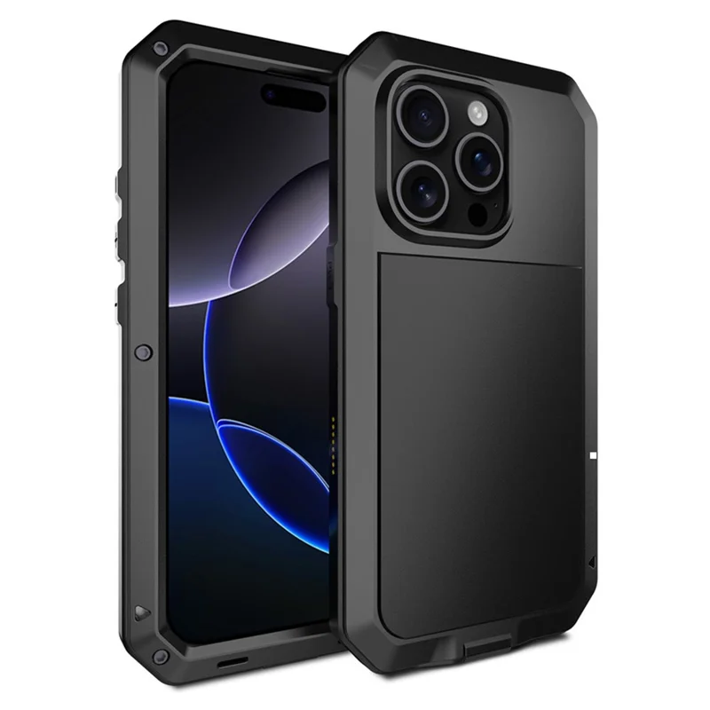 For iPhone 16 Pro Max Case Silicone+Metal Phone Cover with Tempered Glass Screen Protector - Black