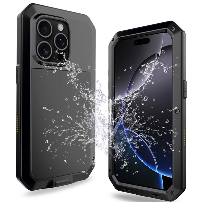 For iPhone 16 Pro Max Case Silicone+Metal Phone Cover with Tempered Glass Screen Protector - Black