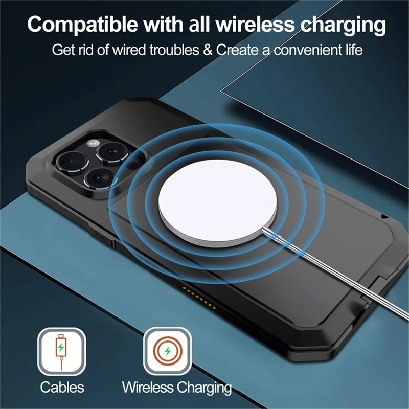 For iPhone 16 Pro Max Case Silicone+Metal Phone Cover with Tempered Glass Screen Protector - Black