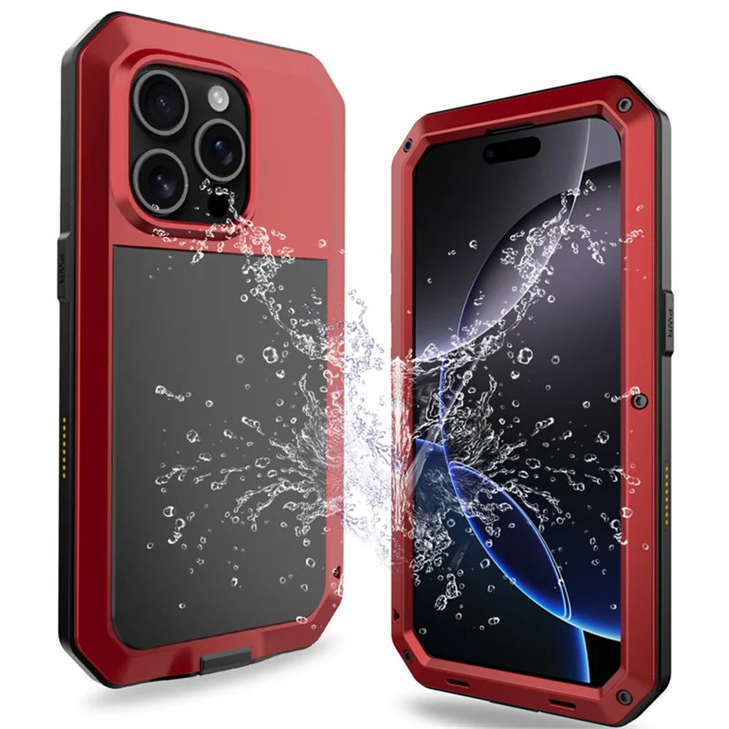 For iPhone 16 Pro Max Case Silicone+Metal Phone Cover with Tempered Glass Screen Protector - Red