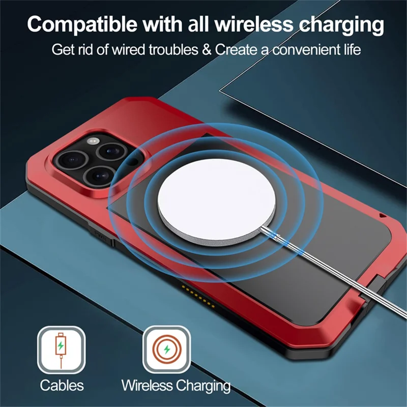For iPhone 16 Pro Max Case Silicone+Metal Phone Cover with Tempered Glass Screen Protector - Red