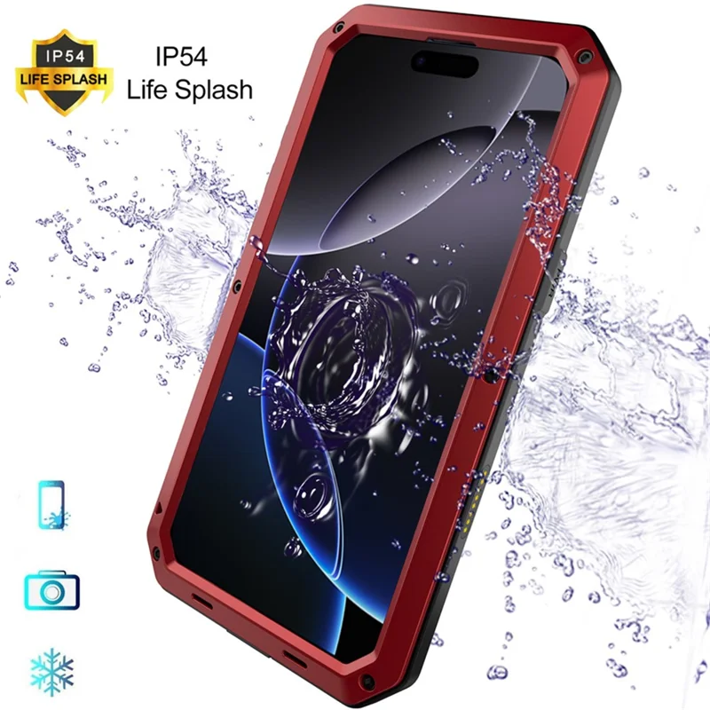 For iPhone 16 Pro Max Case Silicone+Metal Phone Cover with Tempered Glass Screen Protector - Red