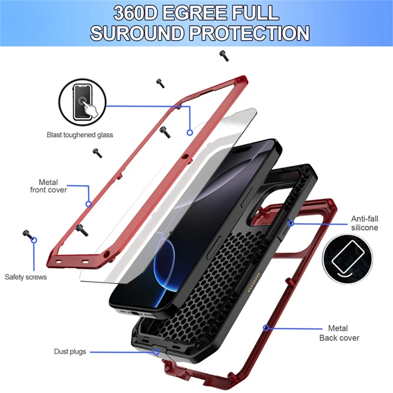 For iPhone 16 Pro Max Case Silicone+Metal Phone Cover with Tempered Glass Screen Protector - Red