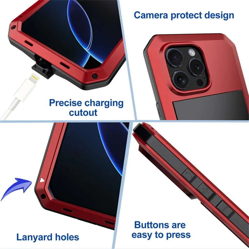 For iPhone 16 Pro Max Case Silicone+Metal Phone Cover with Tempered Glass Screen Protector - Red