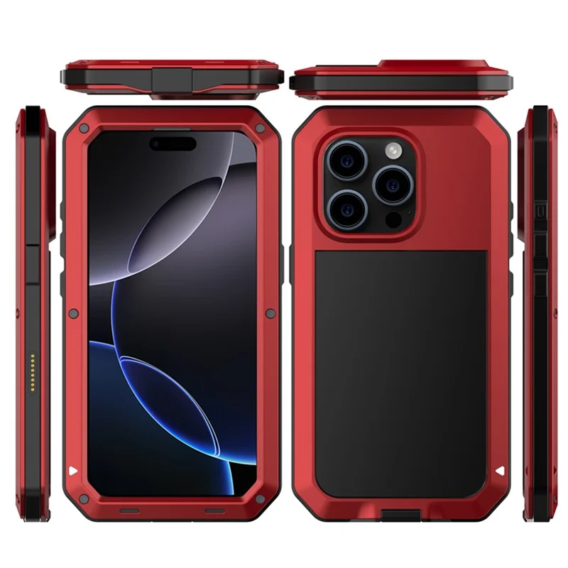 For iPhone 16 Pro Max Case Silicone+Metal Phone Cover with Tempered Glass Screen Protector - Red