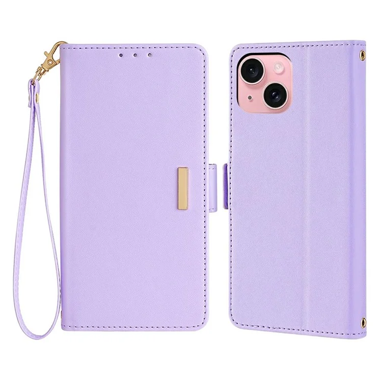 For iPhone 15 Leather Wallet Case RFID Blocking Stand Cover with Hand Strap - Purple