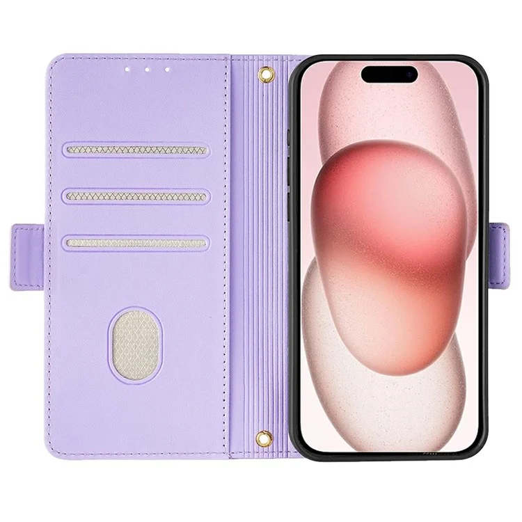 For iPhone 15 Leather Wallet Case RFID Blocking Stand Cover with Hand Strap - Purple