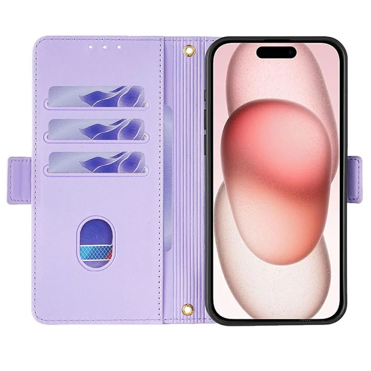 For iPhone 15 Leather Wallet Case RFID Blocking Stand Cover with Hand Strap - Purple