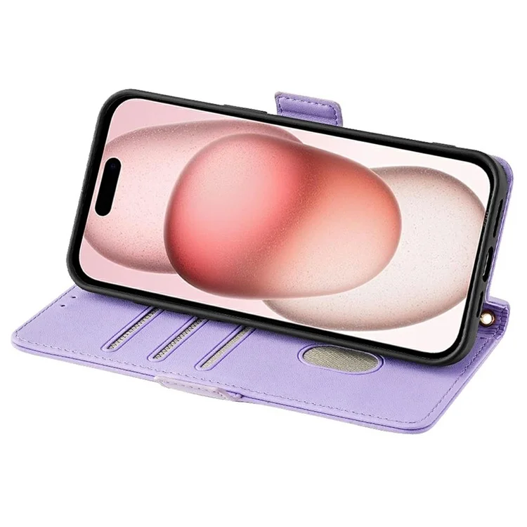 For iPhone 15 Leather Wallet Case RFID Blocking Stand Cover with Hand Strap - Purple
