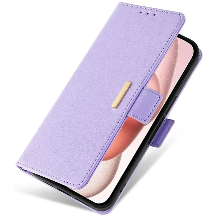 For iPhone 15 Leather Wallet Case RFID Blocking Stand Cover with Hand Strap - Purple