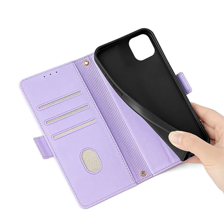 For iPhone 15 Leather Wallet Case RFID Blocking Stand Cover with Hand Strap - Purple