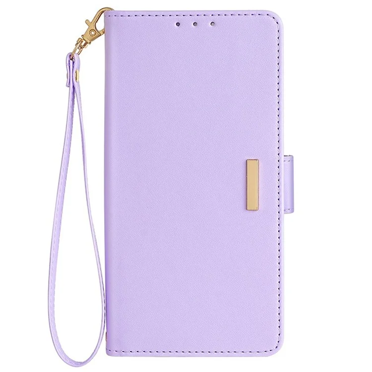 For iPhone 15 Leather Wallet Case RFID Blocking Stand Cover with Hand Strap - Purple