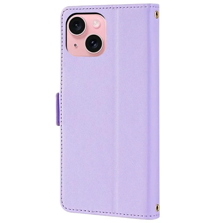 For iPhone 15 Leather Wallet Case RFID Blocking Stand Cover with Hand Strap - Purple