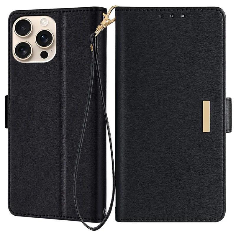 For iPhone 16 Pro Leather Wallet Case RFID Blocking Stand Cover with Hand Strap - Black