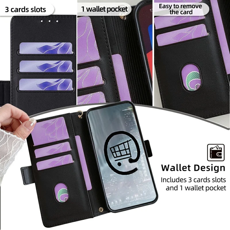 For iPhone 16 Pro Leather Wallet Case RFID Blocking Stand Cover with Hand Strap - Black