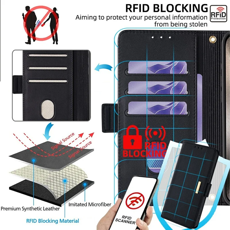 For iPhone 16 Pro Leather Wallet Case RFID Blocking Stand Cover with Hand Strap - Black