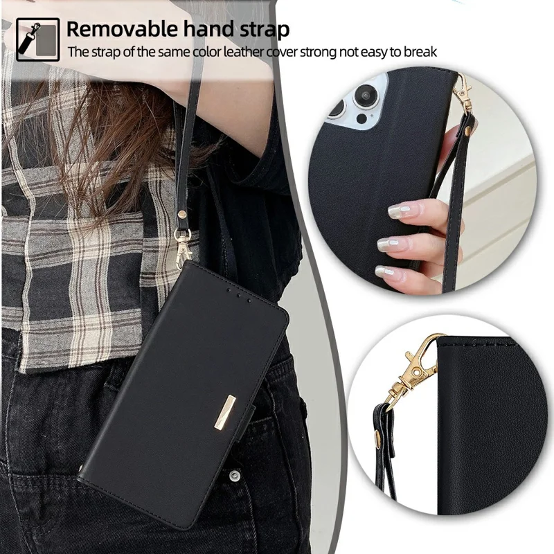 For iPhone 16 Pro Leather Wallet Case RFID Blocking Stand Cover with Hand Strap - Black