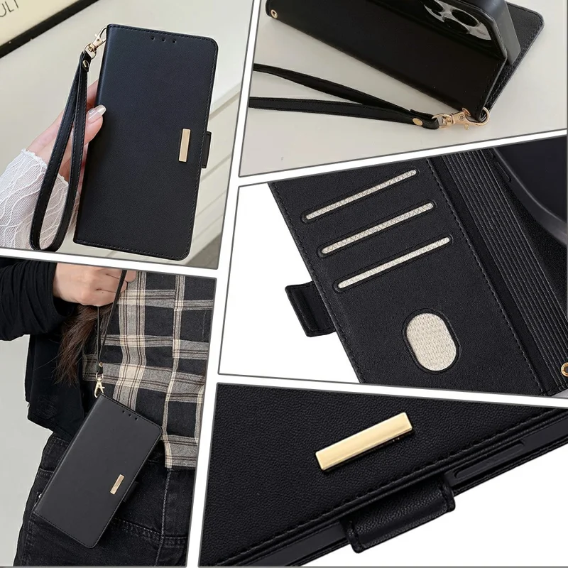 For iPhone 16 Pro Leather Wallet Case RFID Blocking Stand Cover with Hand Strap - Black