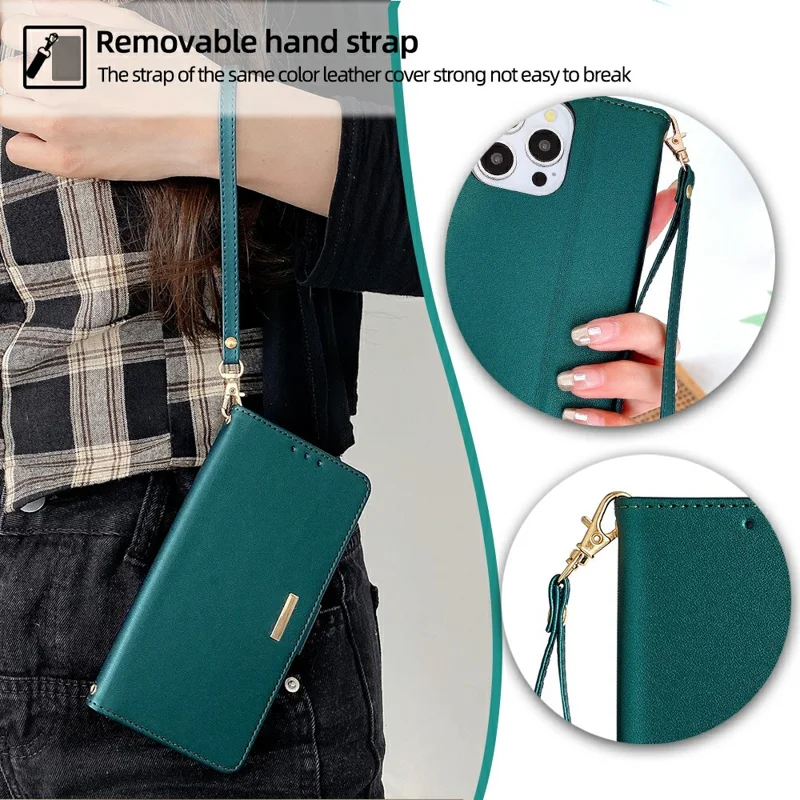 For iPhone 15 Pro Leather Wallet Case RFID Blocking Stand Cover with Hand Strap - Green