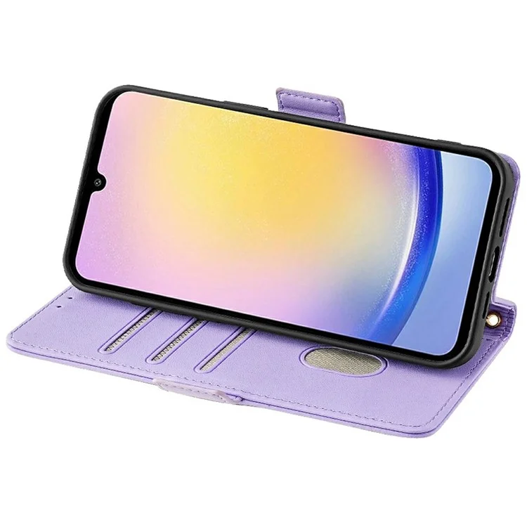For Samsung Galaxy A15 5G Leather Wallet Case RFID Blocking Stand Cover with Hand Strap - Purple