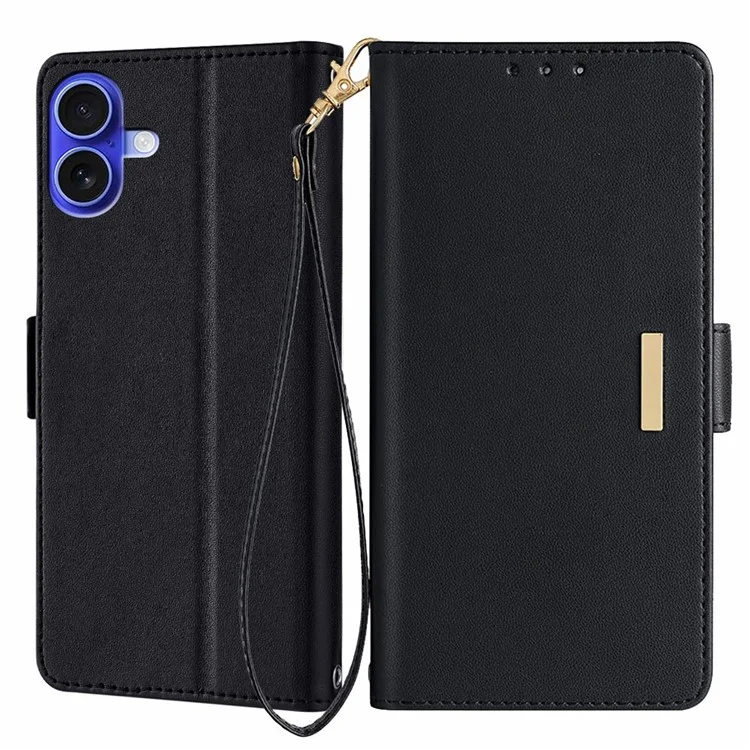 For iPhone 16 Plus Leather Wallet Case RFID Blocking Stand Cover with Hand Strap - Black
