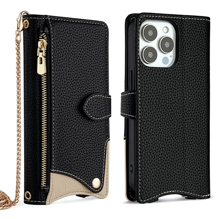 For iPhone 15 Pro Leather Case Wallet Stand Cover Irregular Tail Style with Chain Strap - Black