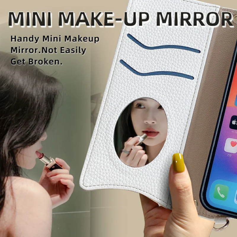 For iPhone 15 Pro Leather Case Wallet Stand Cover Irregular Tail Style with Chain Strap - White